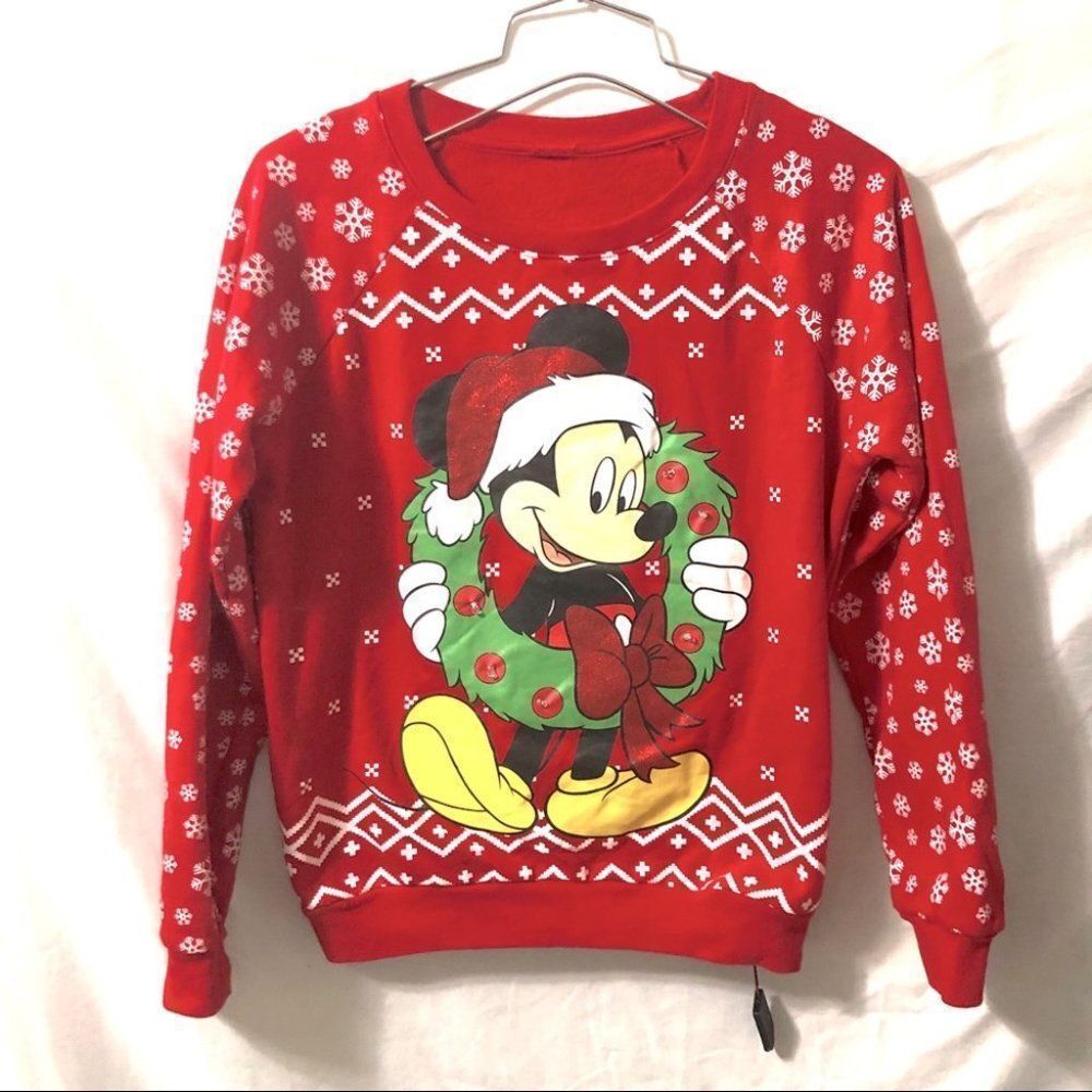 Mickey Mouse Christmas Light Up Wreath Lights Red Crewneck Sweatshirt Size S